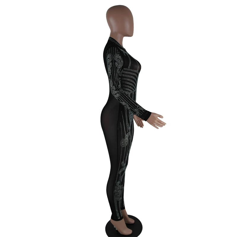 Women Sexy Diamonds Sheer Mesh Jumpsuit See Through O Neck Long Sleeve Skinny Night Clubwear Party Overalls Female Romper
