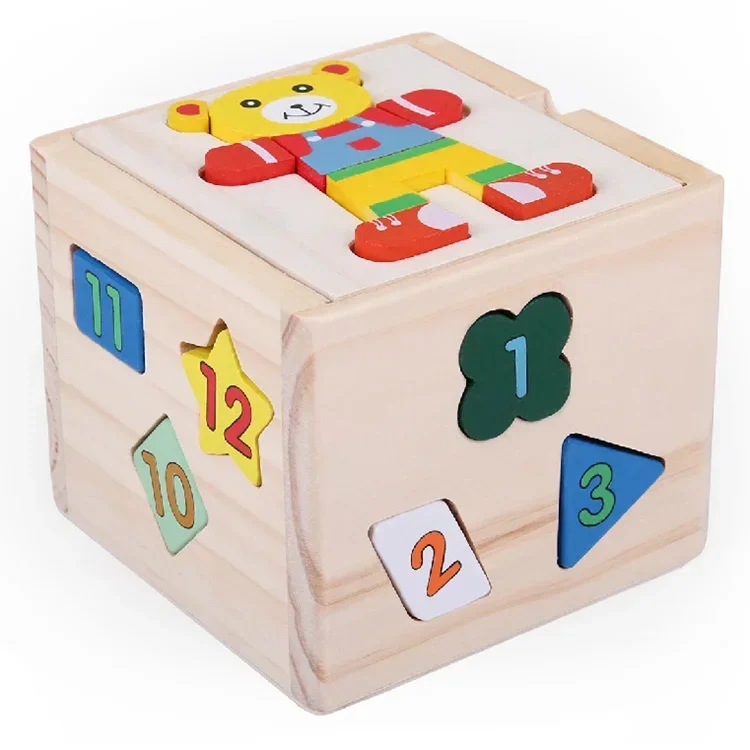[ Funny ] 13 chunky shapes Bear Shape Sorting Cube Educational Understanding color shape digital Wooden Geometric blocks toys
