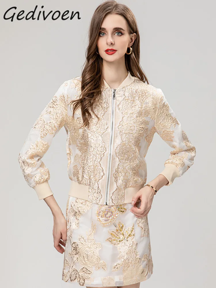 

Женский жаккардовый комплект Gedivoen, элегантный подиумный комплект с жаккардовой юбкой, облегающее пальто с длинным рукавом и юбка с блестками и бриллиантами, Осень-зима