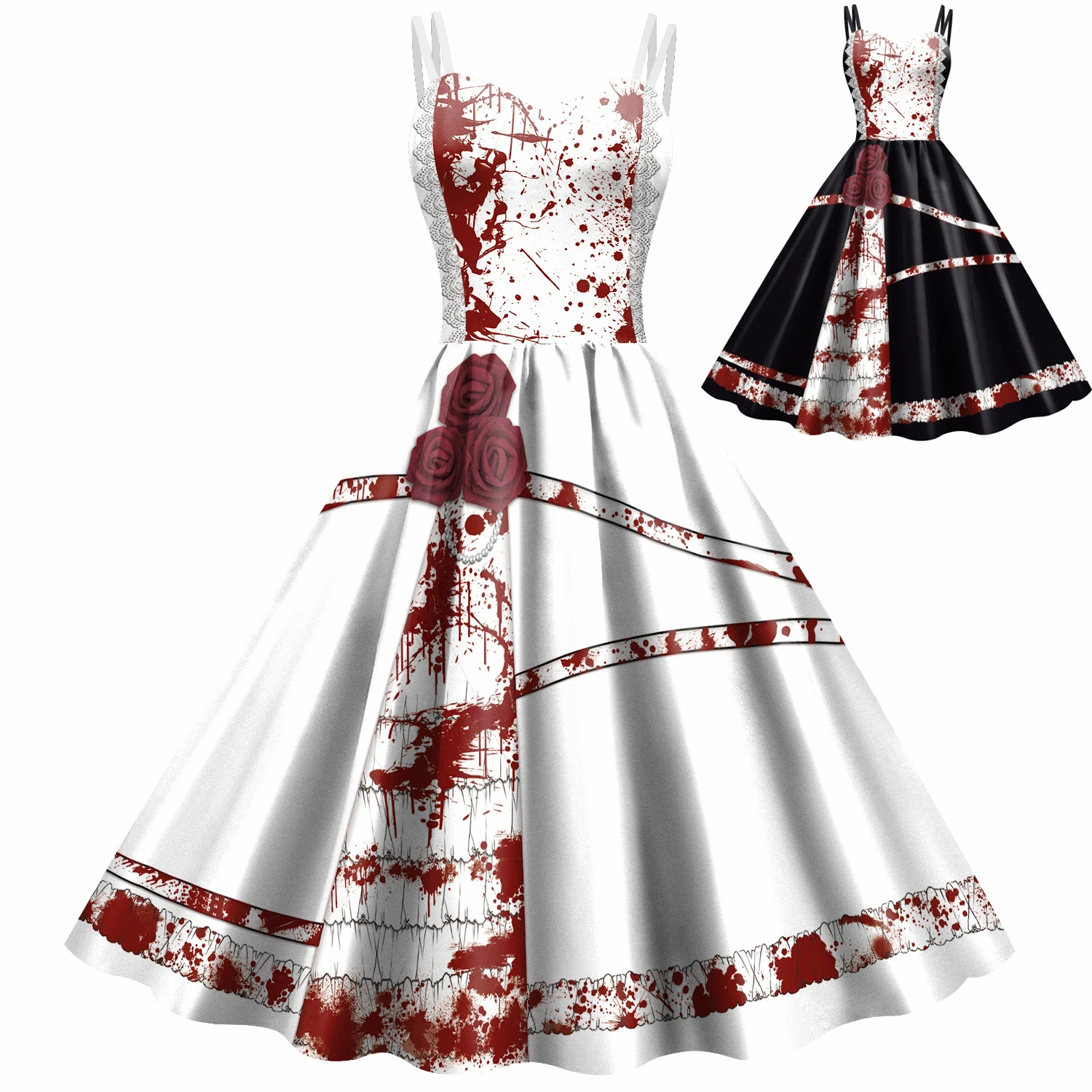 Halloween Horrible Blood Rose Princess Cosplay Costumes Girls Women Dress Printing Stocking Masquerade Carnival Party Outfits
