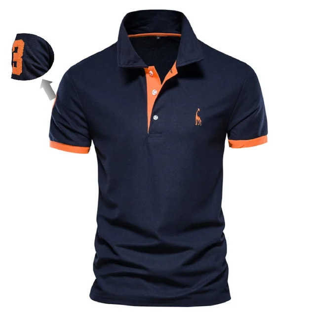 Embroidery 35% Cotton Polo Shirts for Men Casual Solid Color Slim Fit Mens Polos New Summer Fashion Brand Men Clothing T02-navy orange