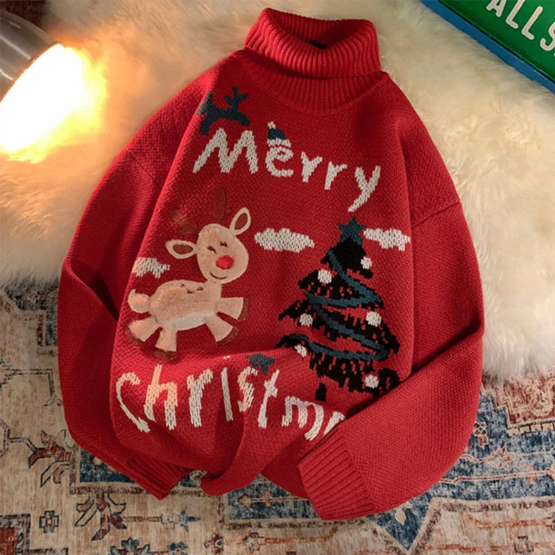 

Loose Turtleneck Women's Sweater Christmas Deer Cute Knitted Pullovers Fashion Winter Unisex Jumper Female Clothing
