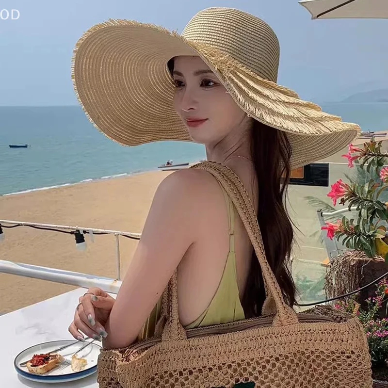 Durable Summer Beach Sunshade Straw Hat Women's Beach Vacation Sunscreen Hat Big Brim Straw Knitted