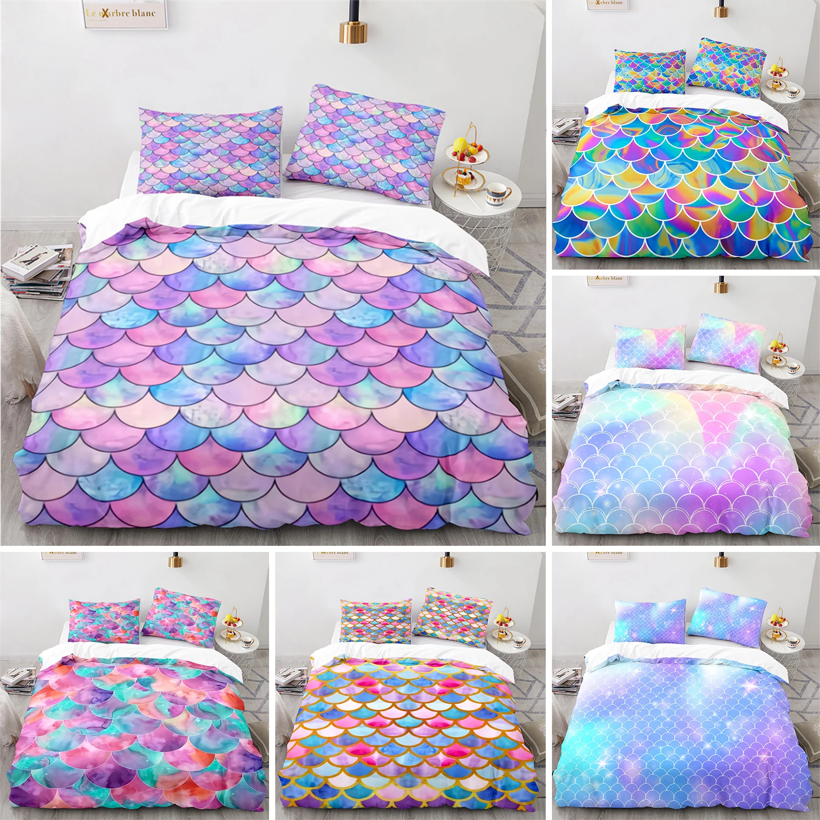 

Colorful Fish Scales Bedding Set Twin King For Kids Girl Blue Pink Mermaid Skin Surface Print Duvet Cover Polyester Quilt Cover