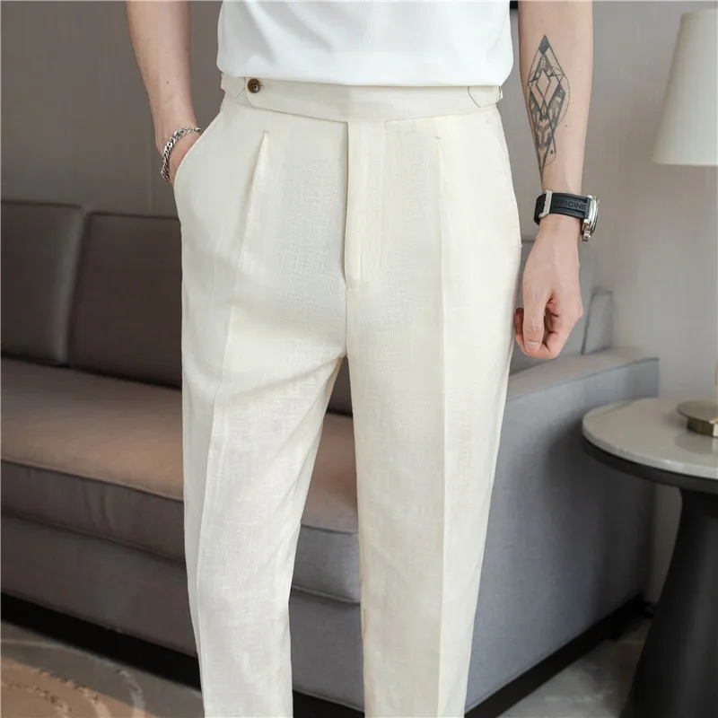 Summer Suit Pants Men Thin Cotton Linen Breathable Smart Casual Trousers Mens Solid Straight Dress Pants 90% Linen