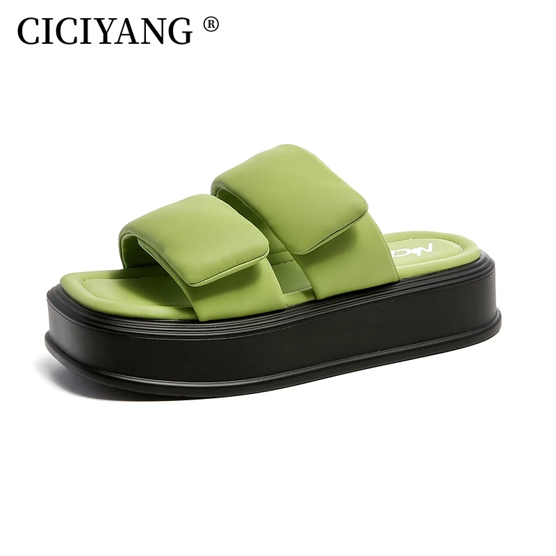 

CICIYANG Women Thick Soled Slippers Cowhide 2024 Summer New Ladies Casual Outdoor Bread Slippers Chunky Platform Beach Shoes