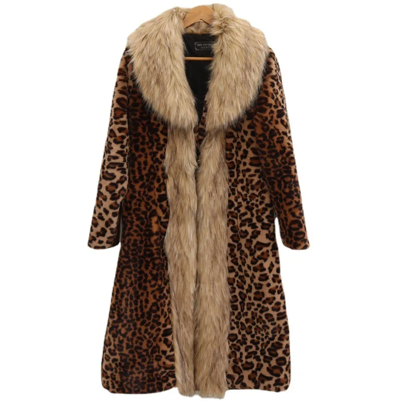 Luxury Brand Long Fur Coat Women Large Size Faux Fur Jacket Leopard Print Big Fur Collar Windbreaker Women Clothing High Quality
