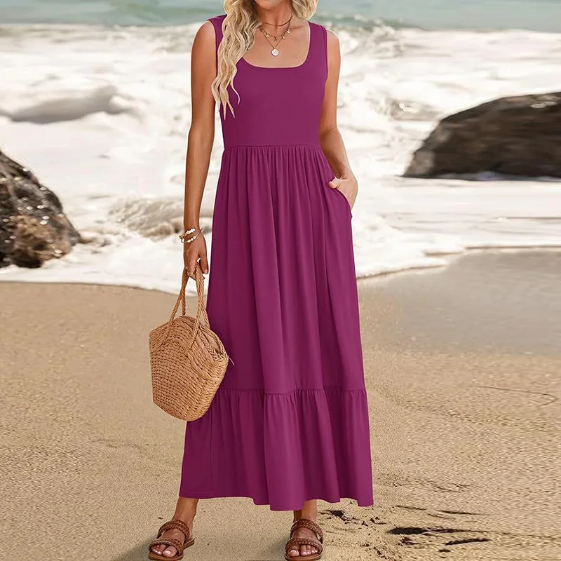 XUNRYAN Vestidos De Verano Para Mujer, Sin Mangas, Con Cuello En V, Casual, Escalonado, Largo, Con Bolsillos, Traje De Vacaciones En La Playa, Negro -, Pequeña