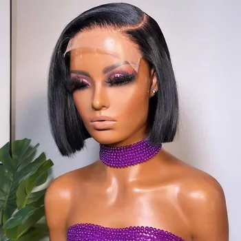 13x4 HD Bone Straight Lace Frontal Human Hair Brazilian Short Bob Wig For Women 220% Straight Lace Front Bob Wigs 1