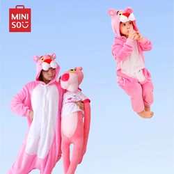 New Miniso Pink Panther Flannel One-Piece Pajamas Kawaii Parent-Child Cartoon Cosplay Coral Velvet Pajamas Warm Hoodie Sleepsuit