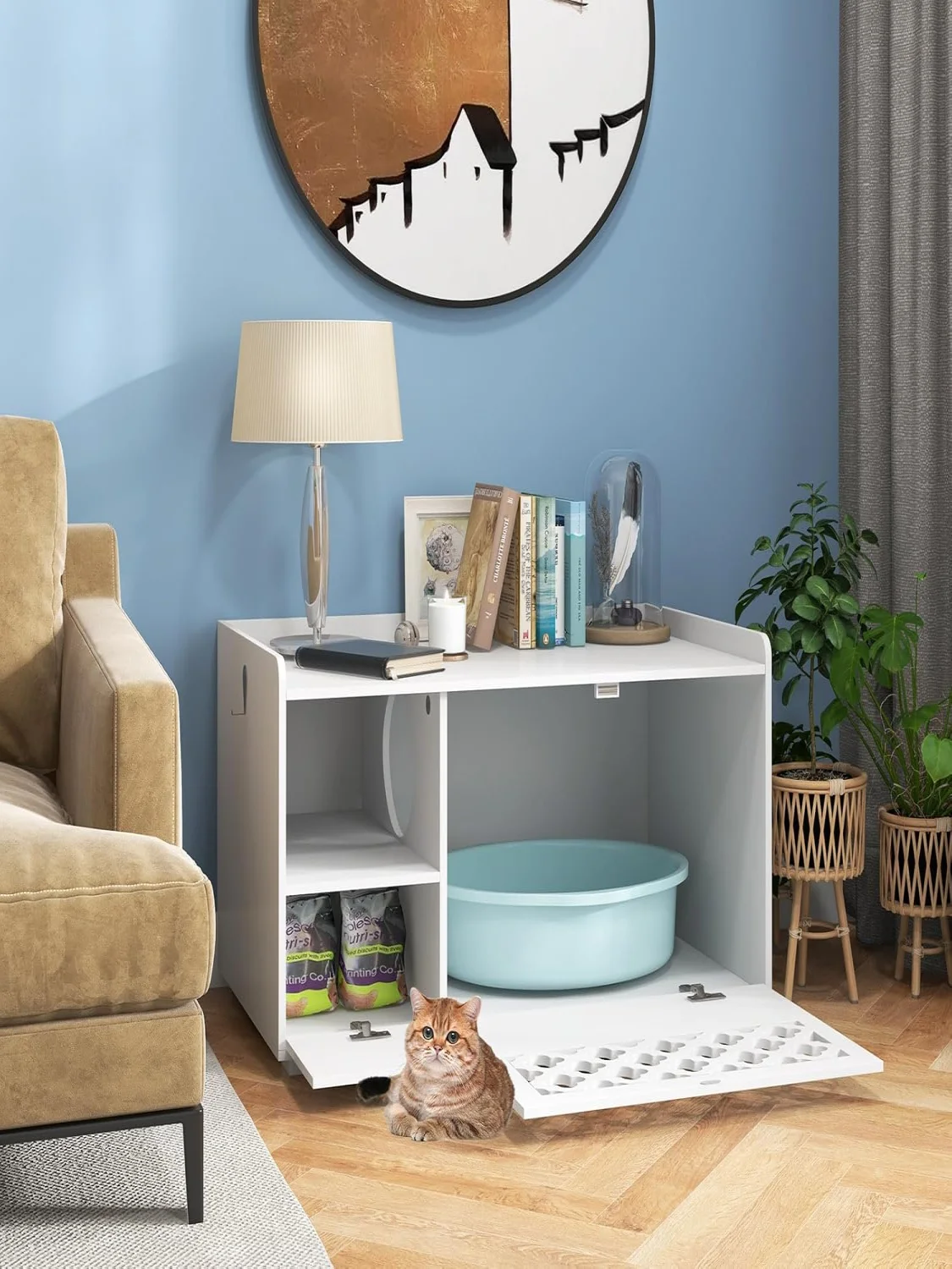 Katzen-Schrank für Katzentoilette, 4-in-1 Katzenhaus Schuhbank Beistelltisch, Katzenhöhle mit Eingang & Haken & Abnehmbarem Kissen – Detail 1