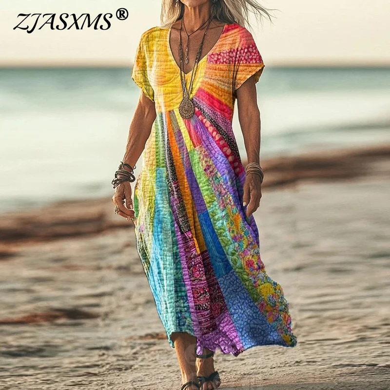 Boho Loose Long Dresses 2025 Spring Fashion Printed Loose Long Dresses For Woman Elegant V Neck Boho Loose Long Dresses 2025 Spring Fashion Printed Loose Long Dresses For Woman Elegant V Neck