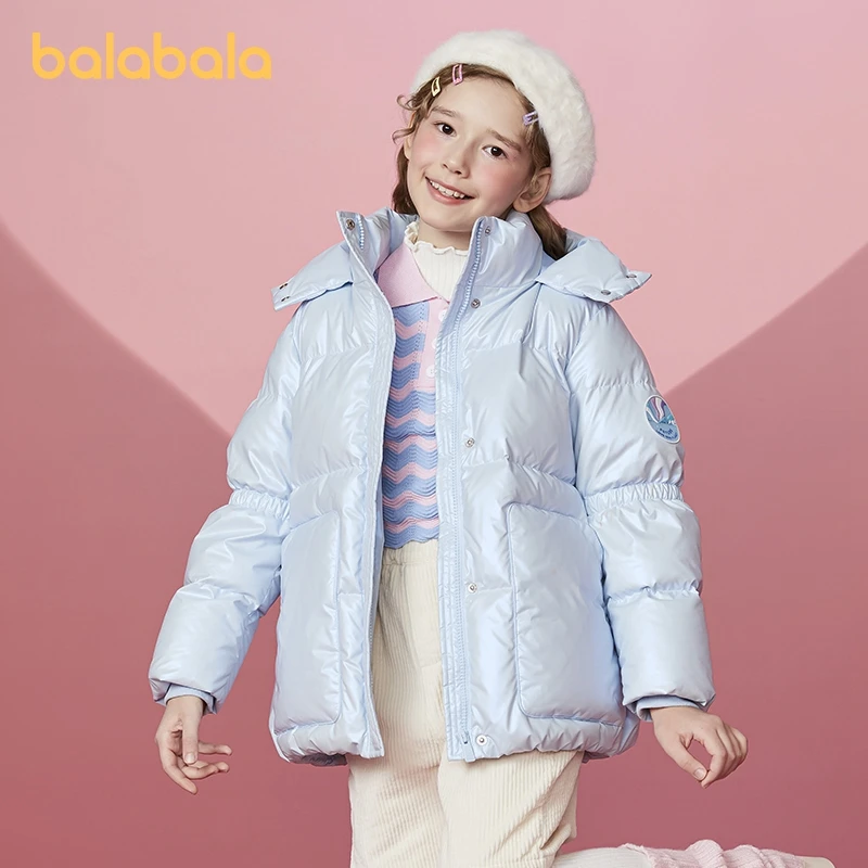 

Детский пуховик для девочек Balabala, зимняя теплая блестящая куртка с капюшоном и резиновыми штампами