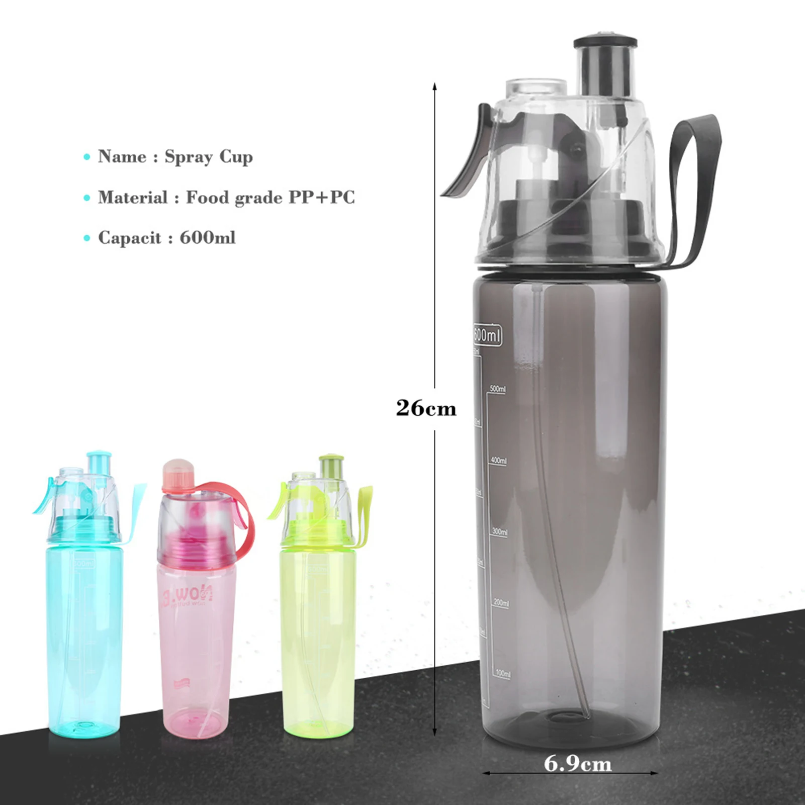 600ML Portable Clear Plastic Spray Head Anti Leak Water Bottle Sports School Cycling Plastic Water Bottle Portable