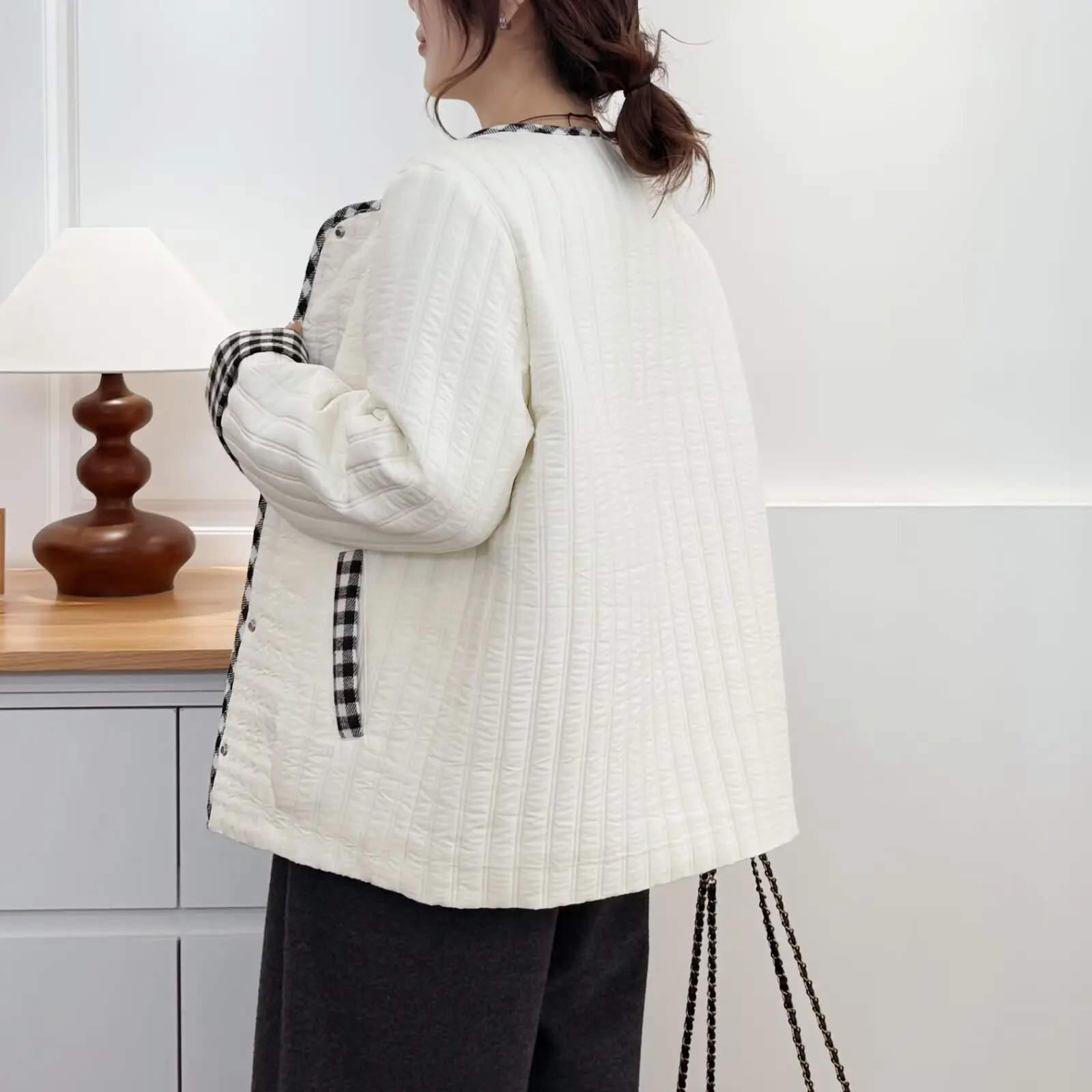 XXXXL Fashion Plus Size Women's Parkas 2025 Autumn Winter New Style Patchwork Plaid Elegant Vertical Stripes Padded Jacket 2528