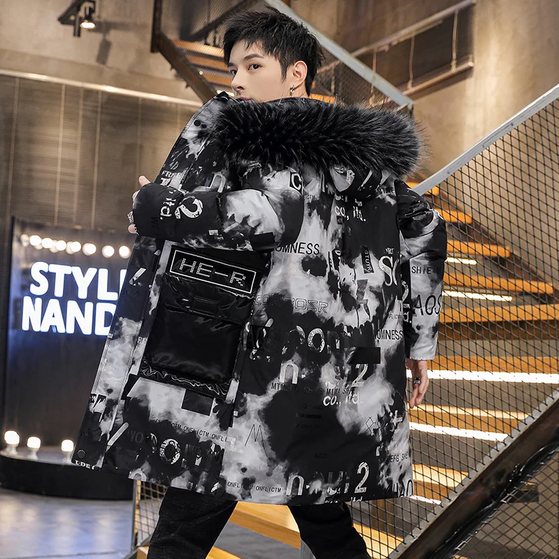 Cotton-Padded Coat Winter Men's Fashionable  Mid-Length Thickened Jacket Brand Glossy Stamp waterproof  Letter Fur collar