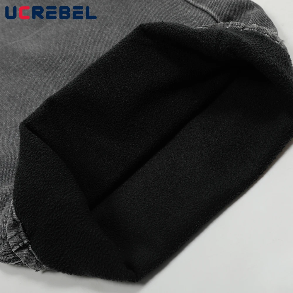 Retro Black Gray Jeans Mens Spring Fleece Washed Distressed High Street Loose Straight Wide Leg Denim Pants Men 6