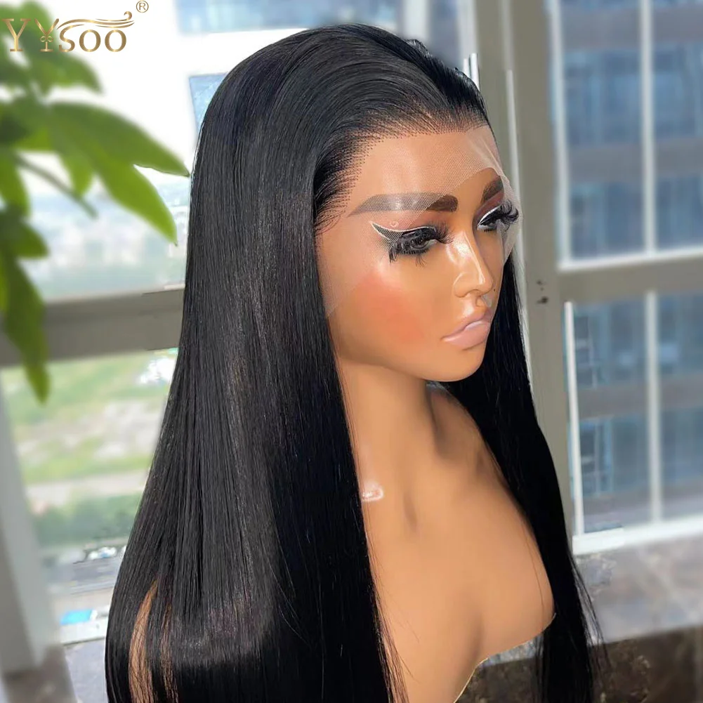 YYsoo Long 1# Black Futura Synthetic Hair 13x4 Glueless Lace Front Wigs For Black Women Pre Plucked Straight Half Hand Tied Wig