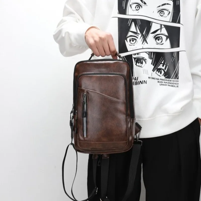 Men's Mini Backpack Solid Color PU Leather Chest Bag Shoulder Bags school bag mochilas de hombre backpack men mochilas bolsos
