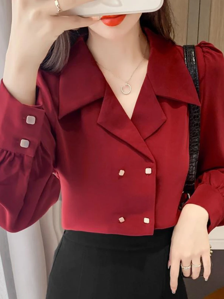 

Casual Elegant Sexy Fashion Double Breasted Puff Sleeve V Neck Vintage Shirt Top
