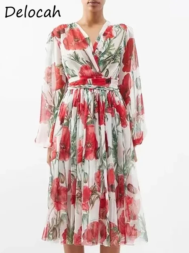 

Женское платье-трапеция Delocah, летнее дизайнерское праздничное платье с поясом, рукавом-фонариком и принтом ниже колена