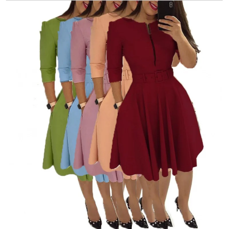 

Dress Women's Solid Color Zipper Belt Dress Pleated Casual Office Dress
