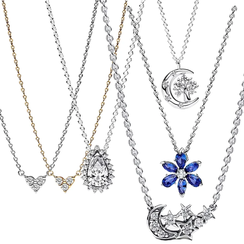 

2023 New Christmas Gift 925 Sterling Silver Sparkling Spinning Life Tree Moon Sapphire Snowflake Necklace Women's Fashion Jewelr