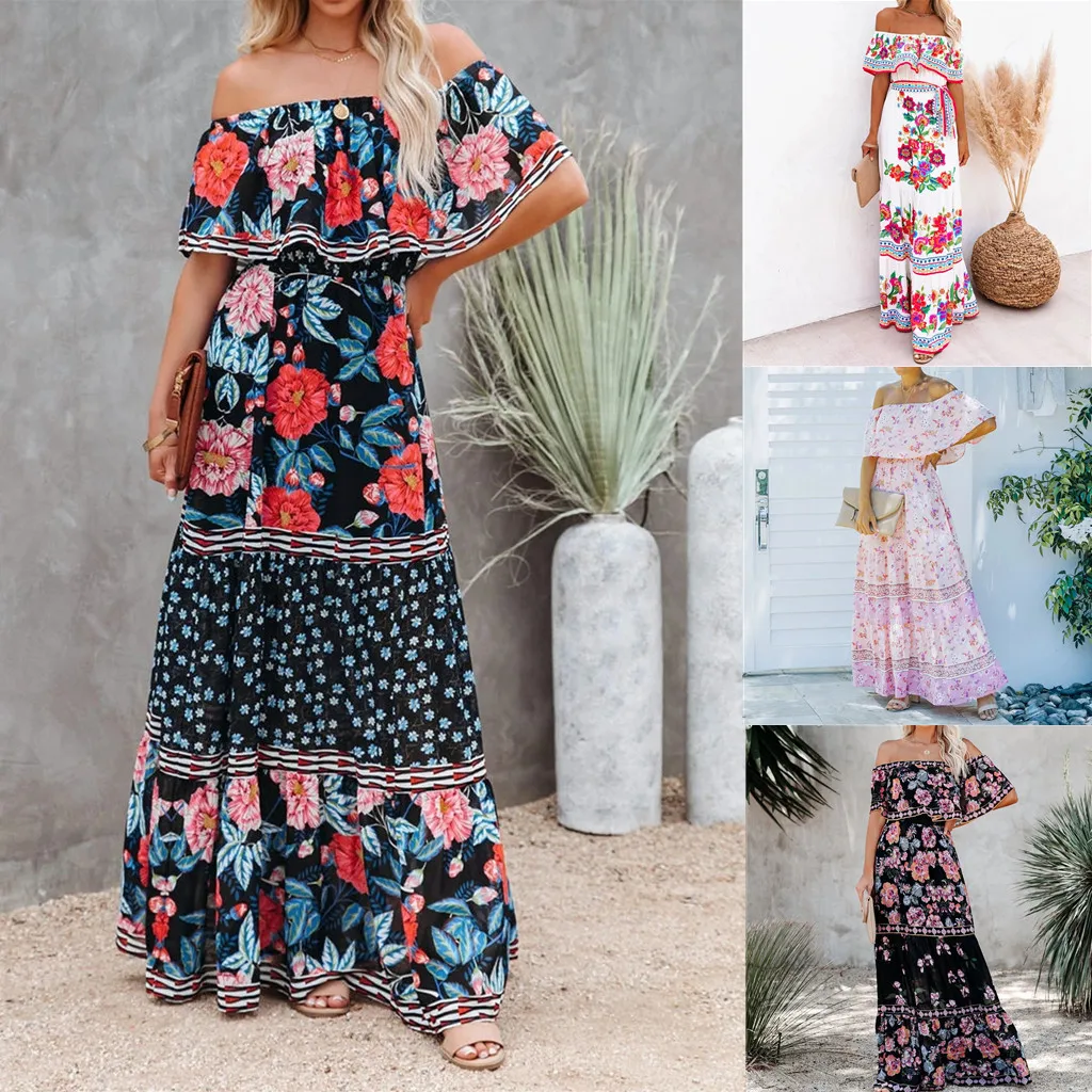 Flower Print Off Shoulder Long Dresses For Women Spring Summer New Fashion Temperament High Waist Leace-up Dress Female Vestidos