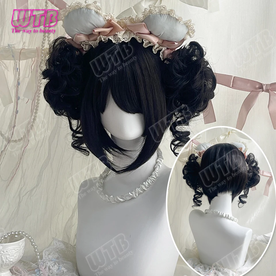 Parrucca sintetica Lolita con doppio chignon arricciato, include baffi laterali e frangia dritta, adatta per donne, per uso quotidiano, cosplay e feste. - immagine 2