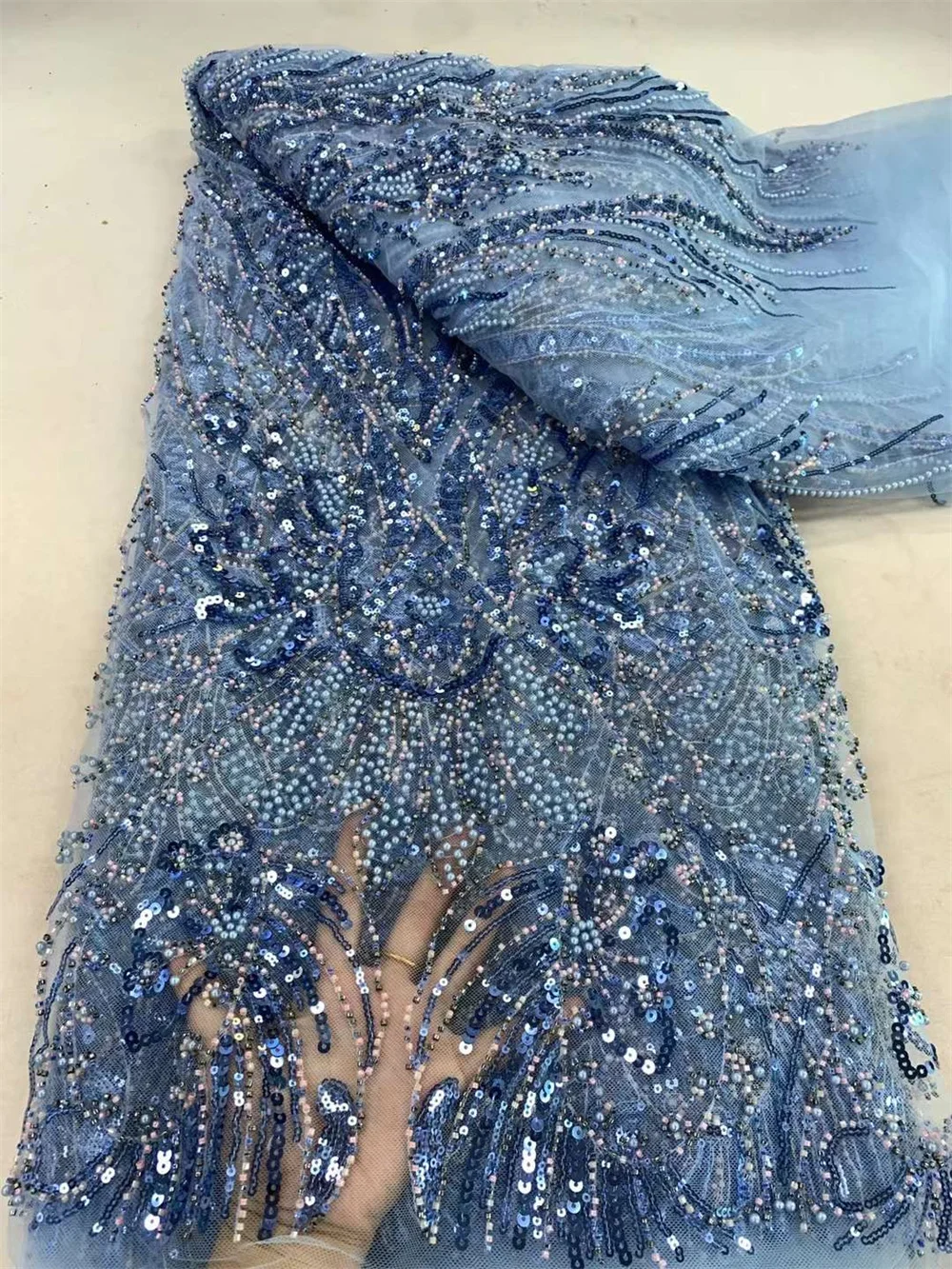 Royal Blue Lace Fabric 5 Yards High Quality Beads And Sequins African Lace Fabric Fashion Materials For Womens Luxury LaceA597-1
