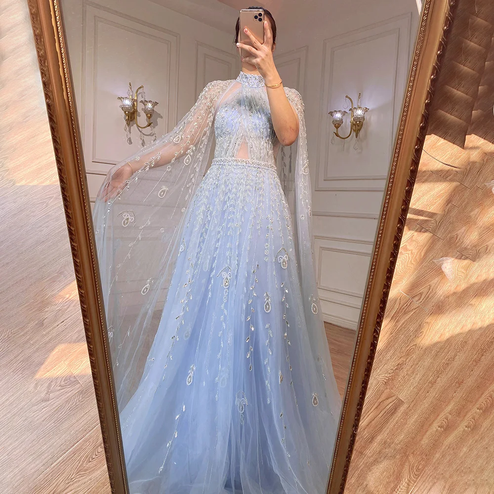 Serene Hill Dubai Arabic Luxury Nude A Line Beaded Evening Dresses With Cape Sleeves Gowns For Women  Wedding Party 2023 LA71803