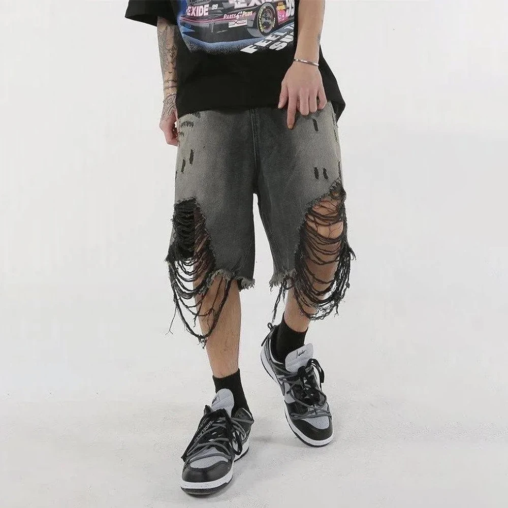 High Street Loose Washed Old Ripped Shorts American Retro Shorts Summer Street Y2K Hip Hop Tassel Wide Leg Casual Denim