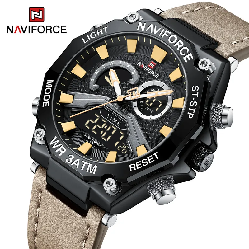 NAVIFORCE Watches for Men Dual Display Digital Quartz Male Wristwatch Leather Band Waterproof Luminous Clock Relogios Masculino