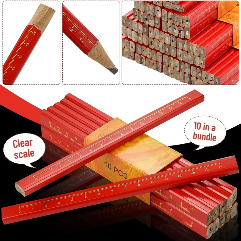 Set di 10-100 Matite per Falegnameria, Penne a Punta Piatta Dedicata per Lavoratori, Matite Ottagonali Nere e Quadrate Rosse per Disegno su Legno - immagine 5