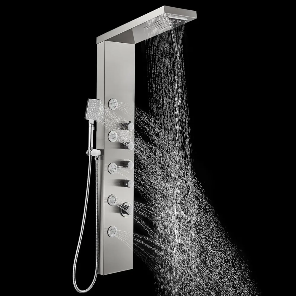 ROVOGO Shower Panel Tower with Rainfall Waterfall Shower Head, 5 Body Jets and 3-Function Handheld, Rain Massage System