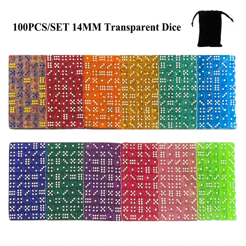 

100pcs/set 14mm Transparent Acrylic Dice 6 Sided Round Corner Dice Party Club Family Table Board Game DND Dices with Bag
