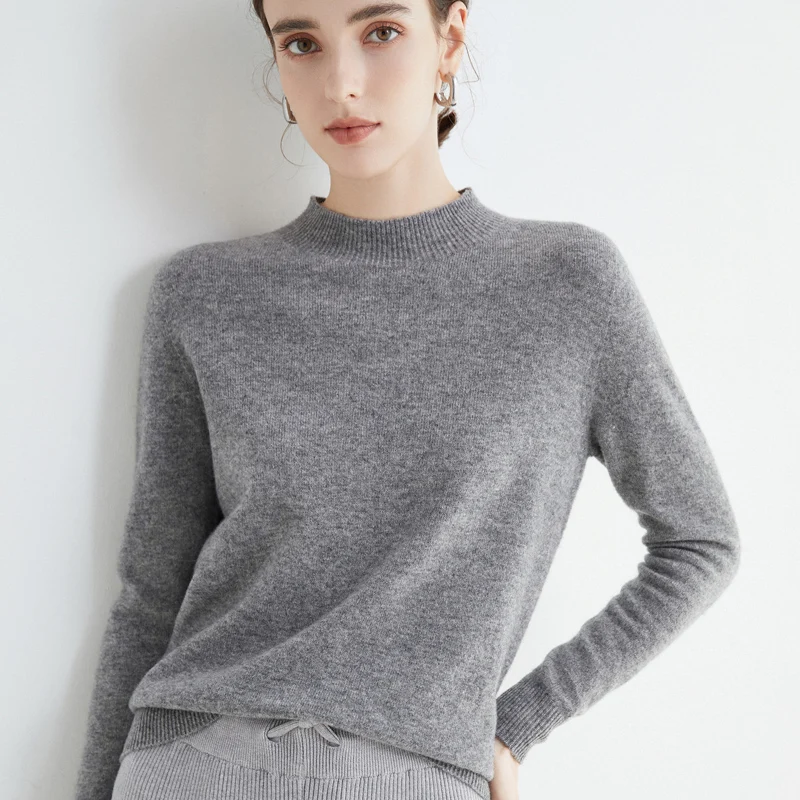 100% Wool First Line Ready-To-Wear Ladies Pullover Pure Wool Sweater Half Turtleneck Cashmere Jumper Basal Top Female Jacket 22