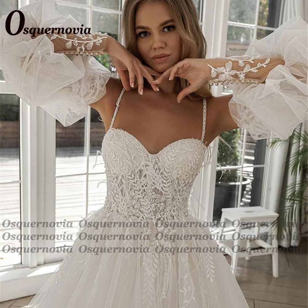 Osquernovia White Wedding Dresses Beads Appliques Vestidos De Novia Luxury Spaghetti Strap Puffy Sleeve A-Line Robe de mariee 3
