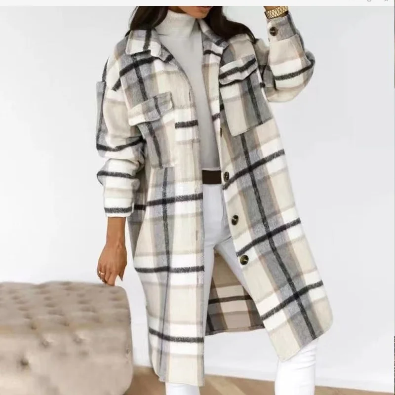 

Spot Europe And The United States Autumn And Winter Long-sleeved Button-down Collar Casual Plaid Long Woolen Coat