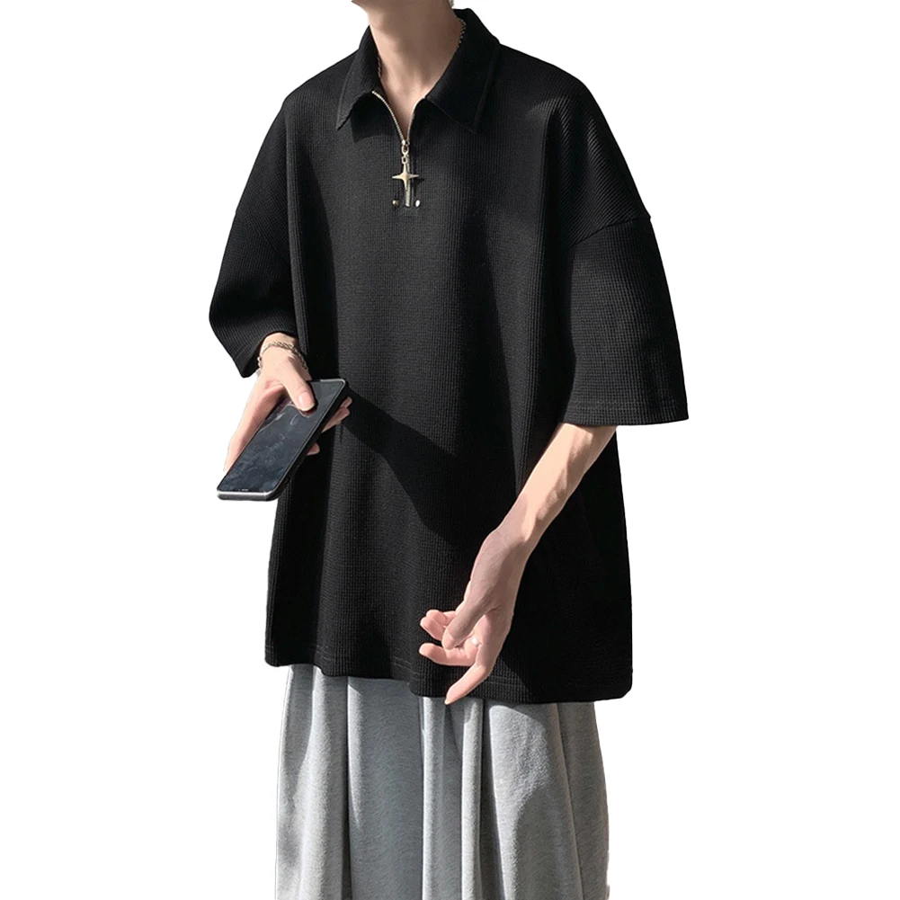 Male Top Men Daily Dancing Streetwear Summer Tee Zippered Basic Breathable Lapel Lazy Style Loose Comfy Fashion