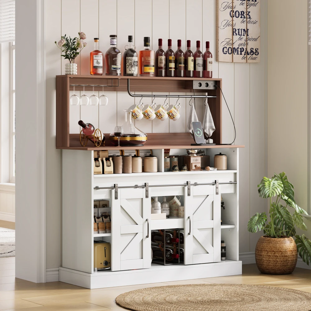 Landhausstil Kaffee-Bar Sideboard mit Glashalter 2 AC+2 USB-Anschlüsse Schiebetüren Stauraum Platzsparende Hausbar-Möbel – Detail 17