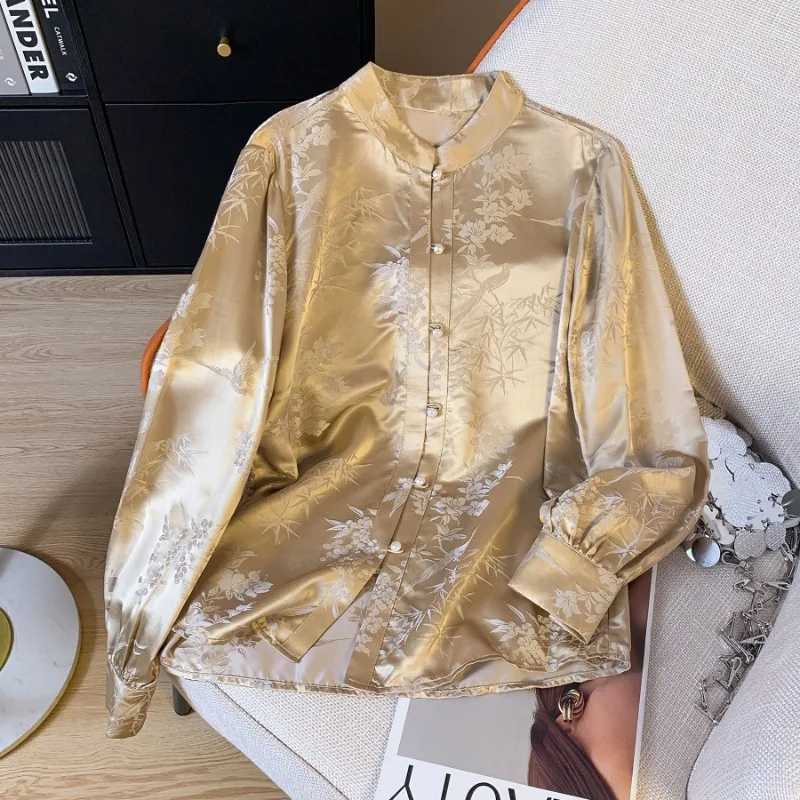 

Рубашка Женская атласная в китайском стиле, шелковая блузка свободного кроя, Топ с длинным рукавом, винтажная одежда с цветочным принтом, весна-лето
