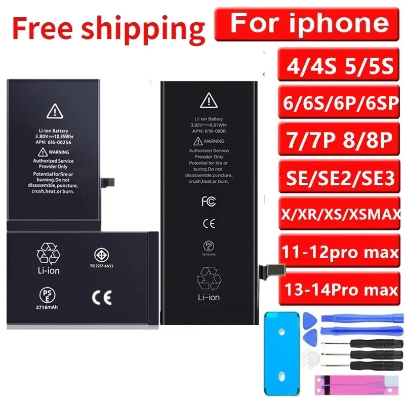 

100% Original Battery for IPhone X XR XS 11 12mini 13pro 14 Pro Max Replacement Bateria for Apple 5S 6S 7 8PLSU