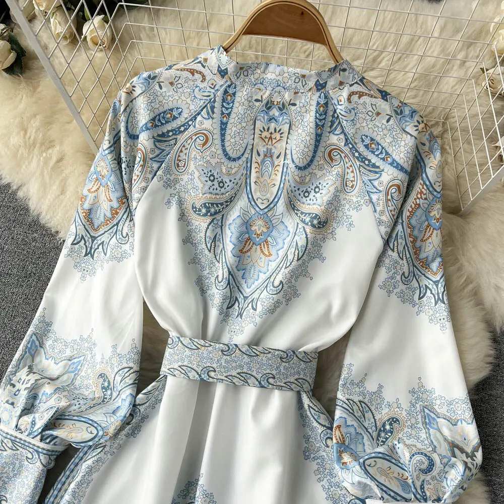 Nuevo vestido de fiesta vintage para mujer, moda de manga larga, botonadura sencilla, cuello alto, elegante, estampado, vestidos largos, primavera y otoño.