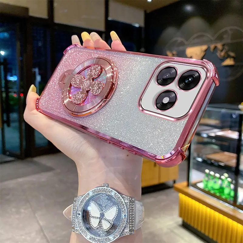 Gradient Glitter Electroplated Phone Case with Hand Strap Holder