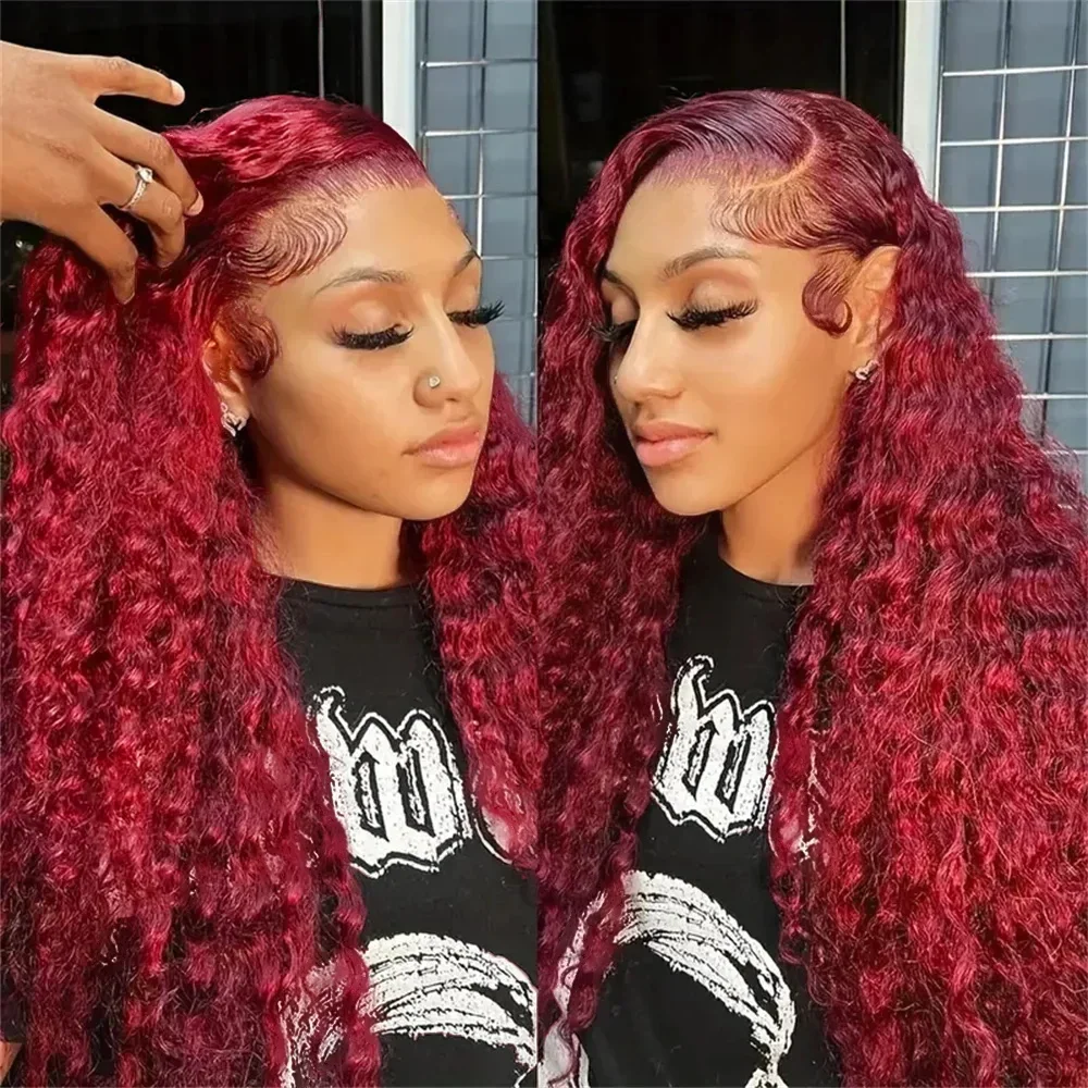200 Density 13x4 Curly 99J Burgundy Lace Front Wig Red Wine Colored 30 40 Inch Deep Wave 13x6 HD Lace Frontal Human Hair Wigs