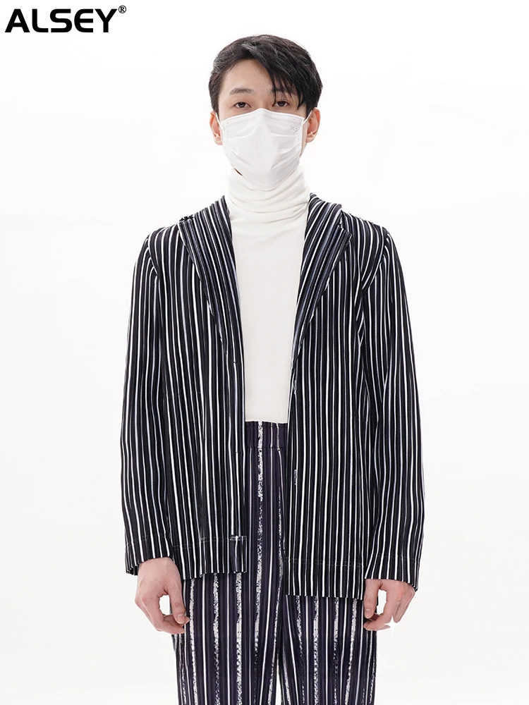 

ALSEY High-fashion Fabric Pleated Striped Men's Suit Jacket Textured Striped Senior Casual Thin Suit Men's Clothing Men Jacket