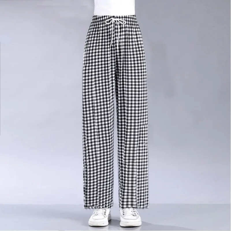 2023 Spring and Autumn Women's High Waist Drawstring Folds Plaid Loose Patchwork Fashion Casual Elegant Commuter Wide Leg Pants
