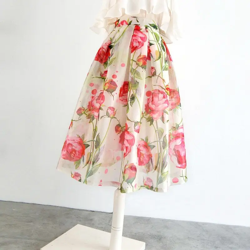 

Flowr Print Fashion Women Long Skirts 2024 Spring Faldas Elegant High Waist A-line Midi Skirt Casual Loose OL Swing Jupes S41