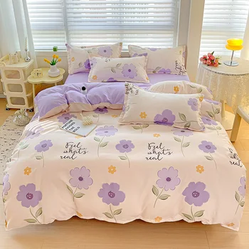 Parure de lit confortable 100% coton pour couple, ensemble de draps de style girly frais, couette, 4 pièces 1